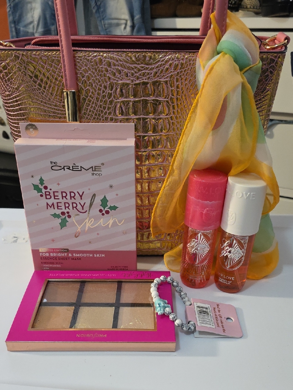 Pink Croc-Texture Tote with Pastel Scarf and Beauty Set.  Morhers Day